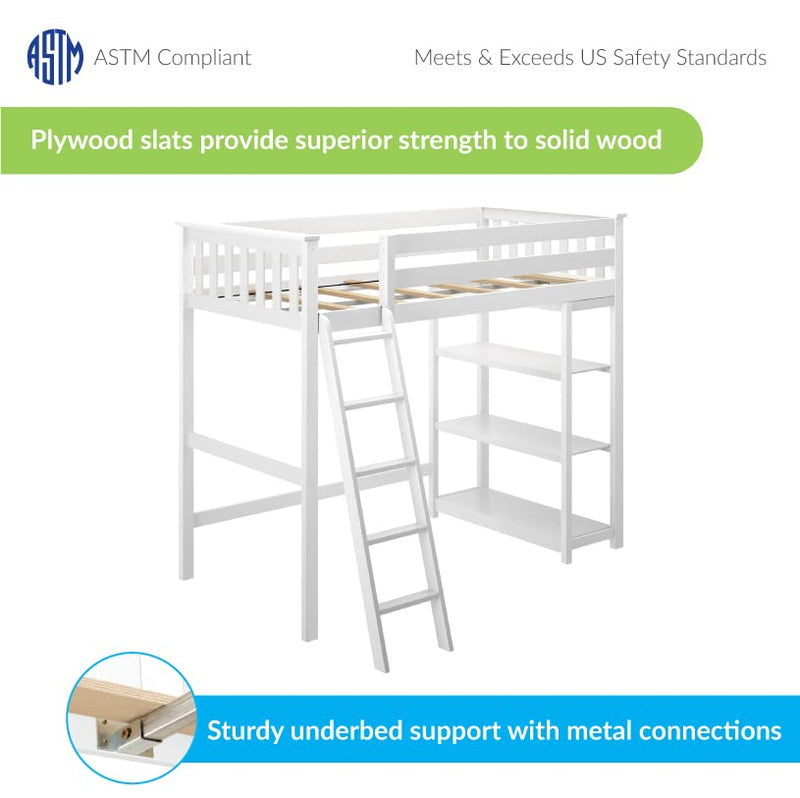 High Loft Bed, Twin Bed Frame For Kids With Bookcase, White
