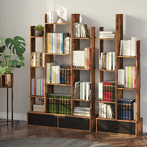 Bookshelf with 2Drawers, Rustic Wood Bookshelves