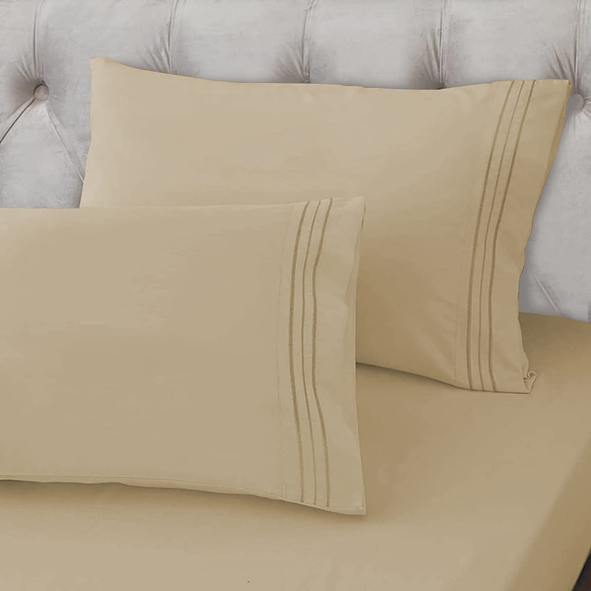 Beige Queen Size Bed Sheets Set Deep Pocket to 21 inches Mattress