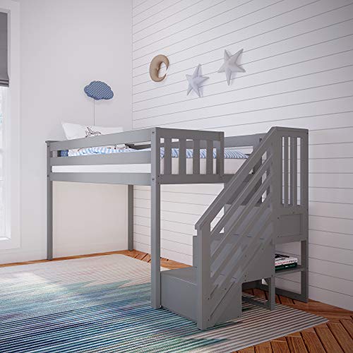 Low Loft Bed, Twin Bed Frame For Kids With Stairs, Grey