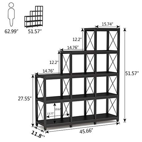 12 Shelves Bookshelf,Industrial Ladder Corner Bookshelf 9 Cubes Stepped Etagere Bookcase