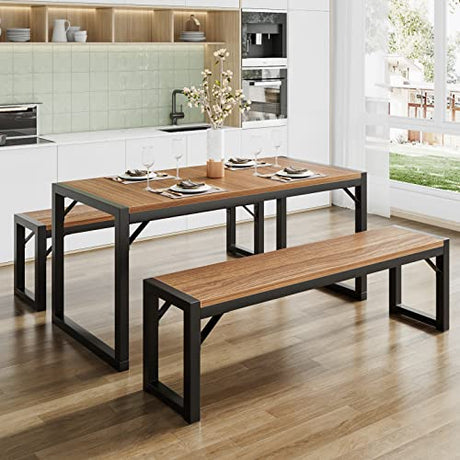 3-Piece Dining Table Set with 2 Benches, Rustic Kitchen Table Set for 4-6