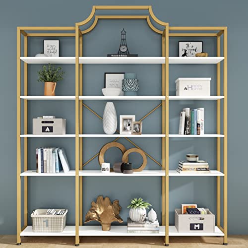 Triple Wide 5-Tier Bookshelf, 70.87" L x 79.13" H Extra Large Gold Bookcase,