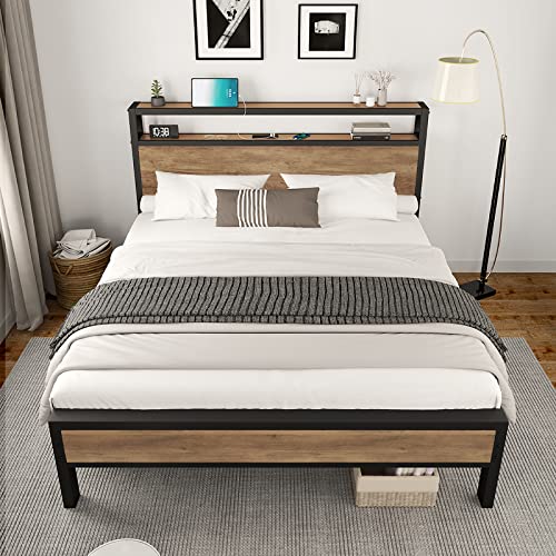 Queen Size Bed Frame Industrial Platform Bed with Charging Station, 2-Tier Storage Headboard