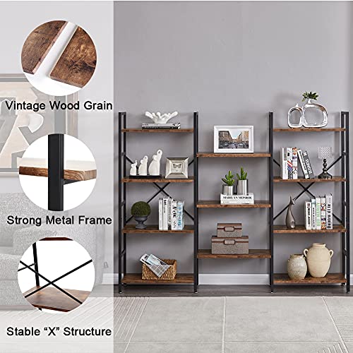 Triple 4 Tier Bookshelf, Bookcase with 11 Open Display Shelves