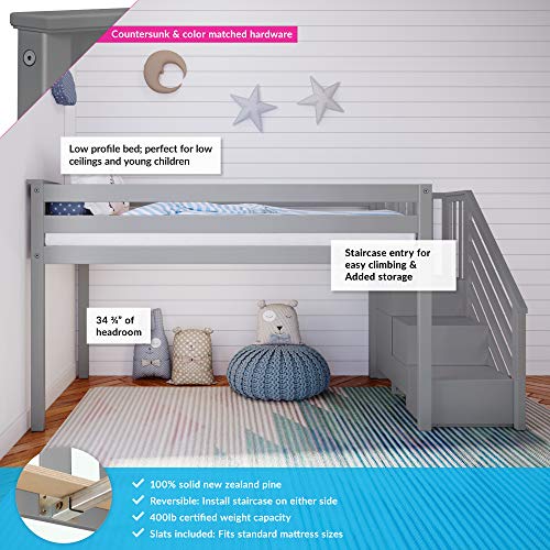 Low Loft Bed, Twin Bed Frame For Kids With Stairs, Grey