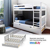 Bunk Bed, Twin-Over-Twin Bed Frame For Kids With Trundle, White