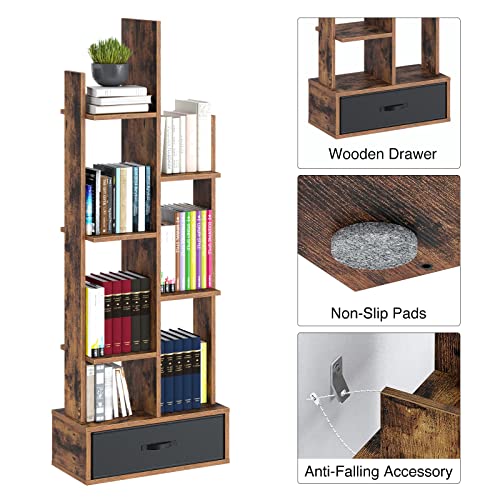 Bookshelf with Drawer,Free Standing Book Shelf Industrial Shelf Free Standing Storage Shelf for Bedroom