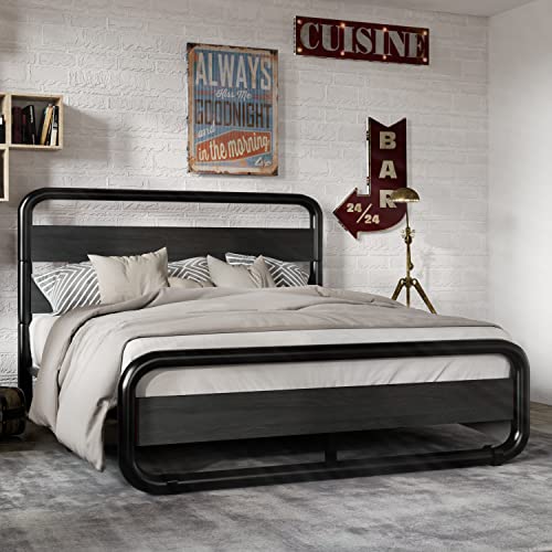 Full Metal Platform Bed Frame with Wooden Headboard / Footboard