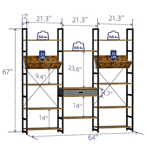 Triple Wide 5 Tier Bookshelf, Adjustable Rustic Industrial Style Book Shelves
