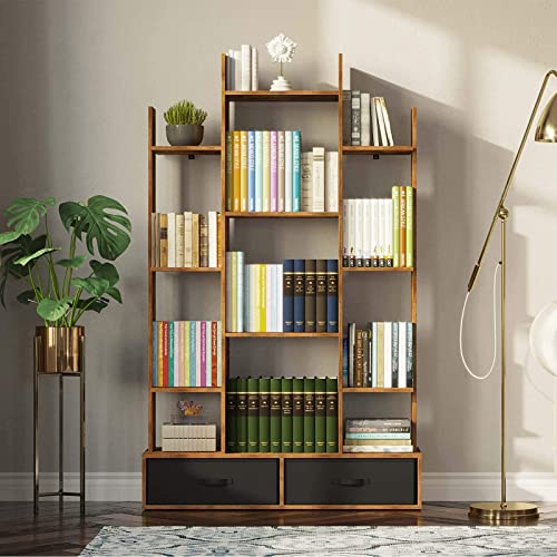 Bookshelf with 2Drawers, Rustic Wood Bookshelves
