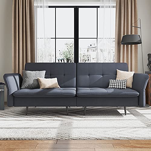 HONBAY Convertible Folding Futon Sleeper Sofa Bed for Small Space Tufted Sleeper Couch Bed with Adjustable Armrest, Bluish Grey