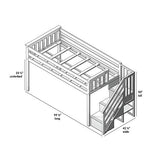 Low Loft Bed, Twin Bed Frame For Kids With Stairs, Grey