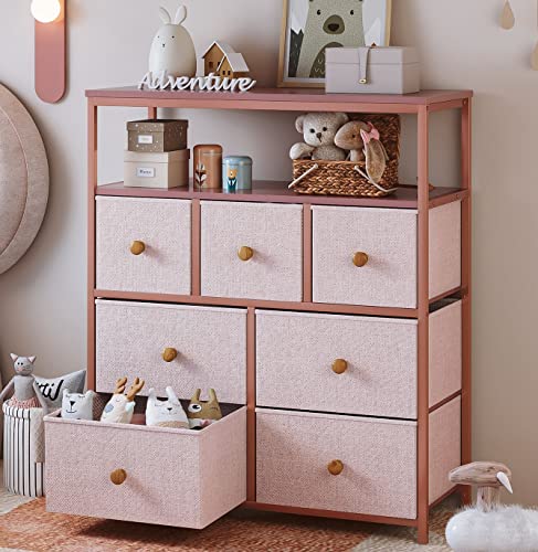 Pink Dresser for Bedroom with 7 Drawers and 2 Shelves