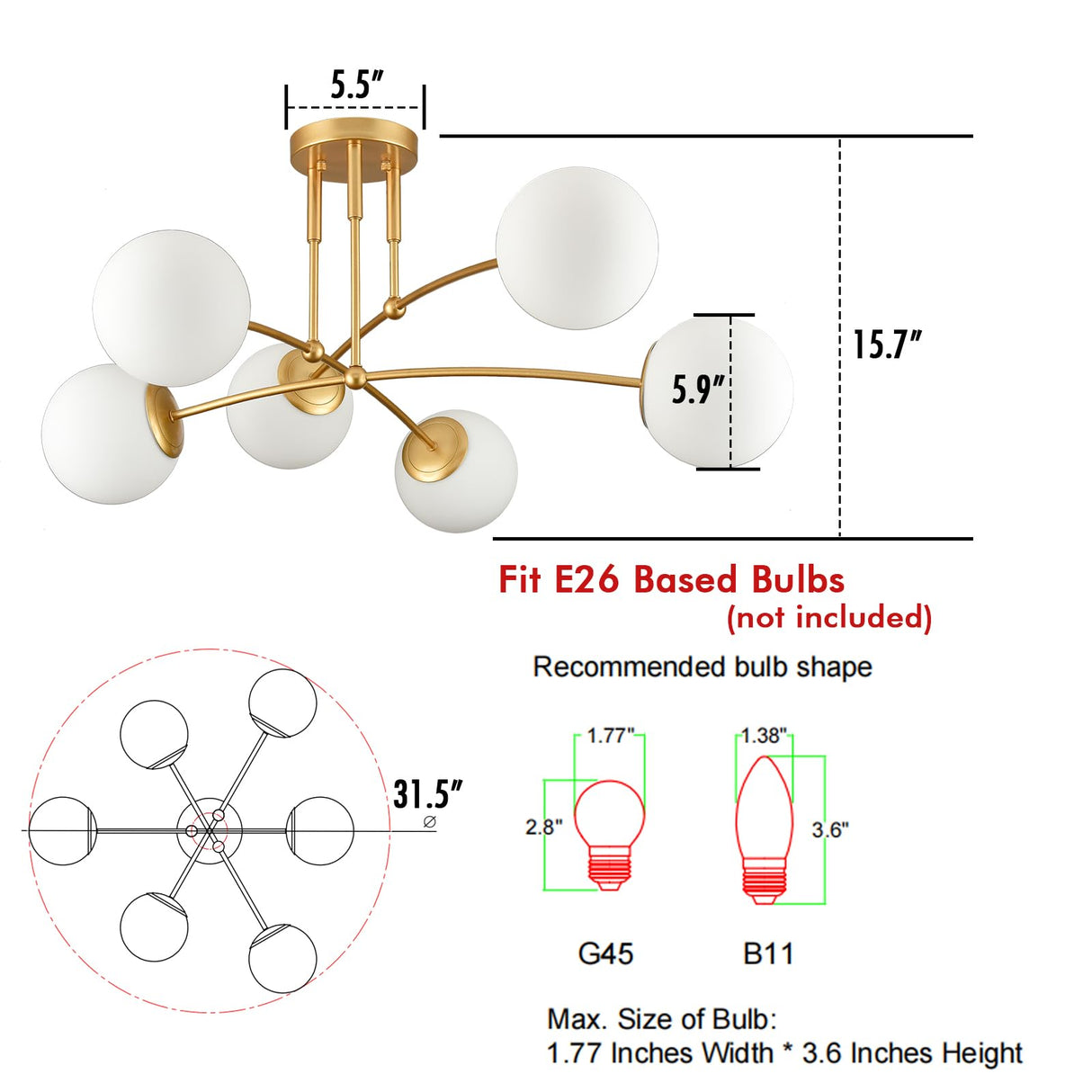 Mid Century Gold Ceiling Light Semi Flush Mount Opal Globe