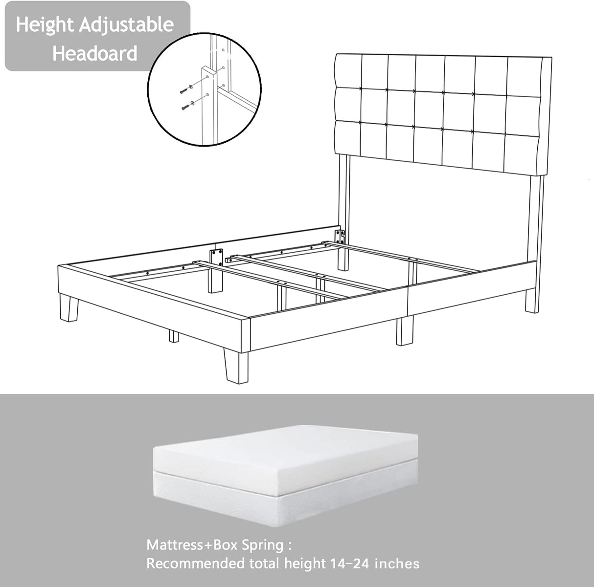 Queen Size Panel Bed Frame with Adjustable High Headboard/Fabric Upholstered/Box