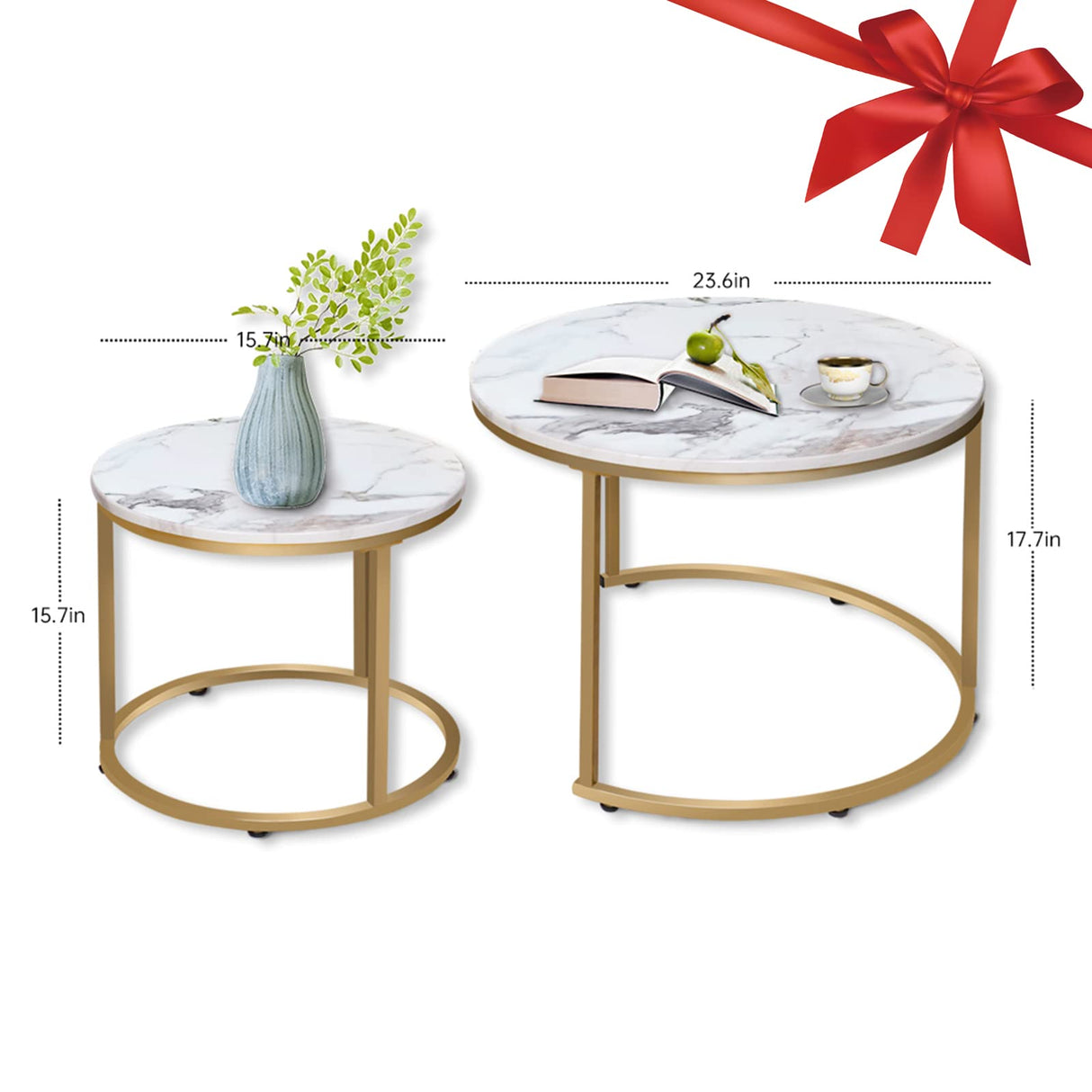 Round Coffee Table Set of 2 Modern Nesting Golden Frame Circular