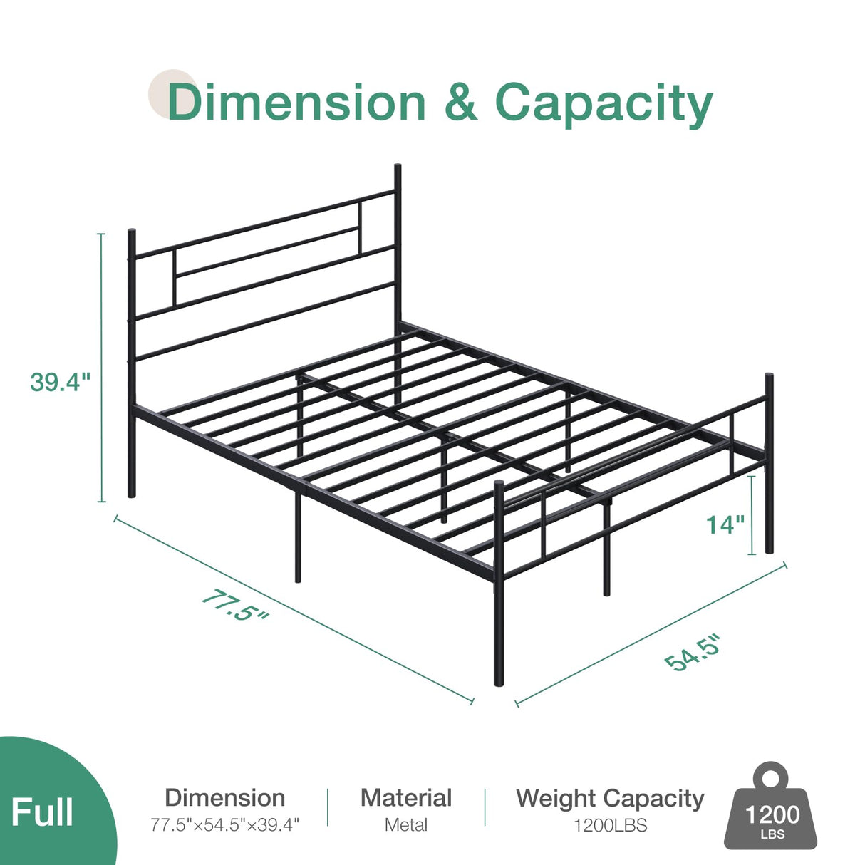 Full Size Bed Frame with Headboard and Footboard, 14 Inch Metal Platform Bed Frame