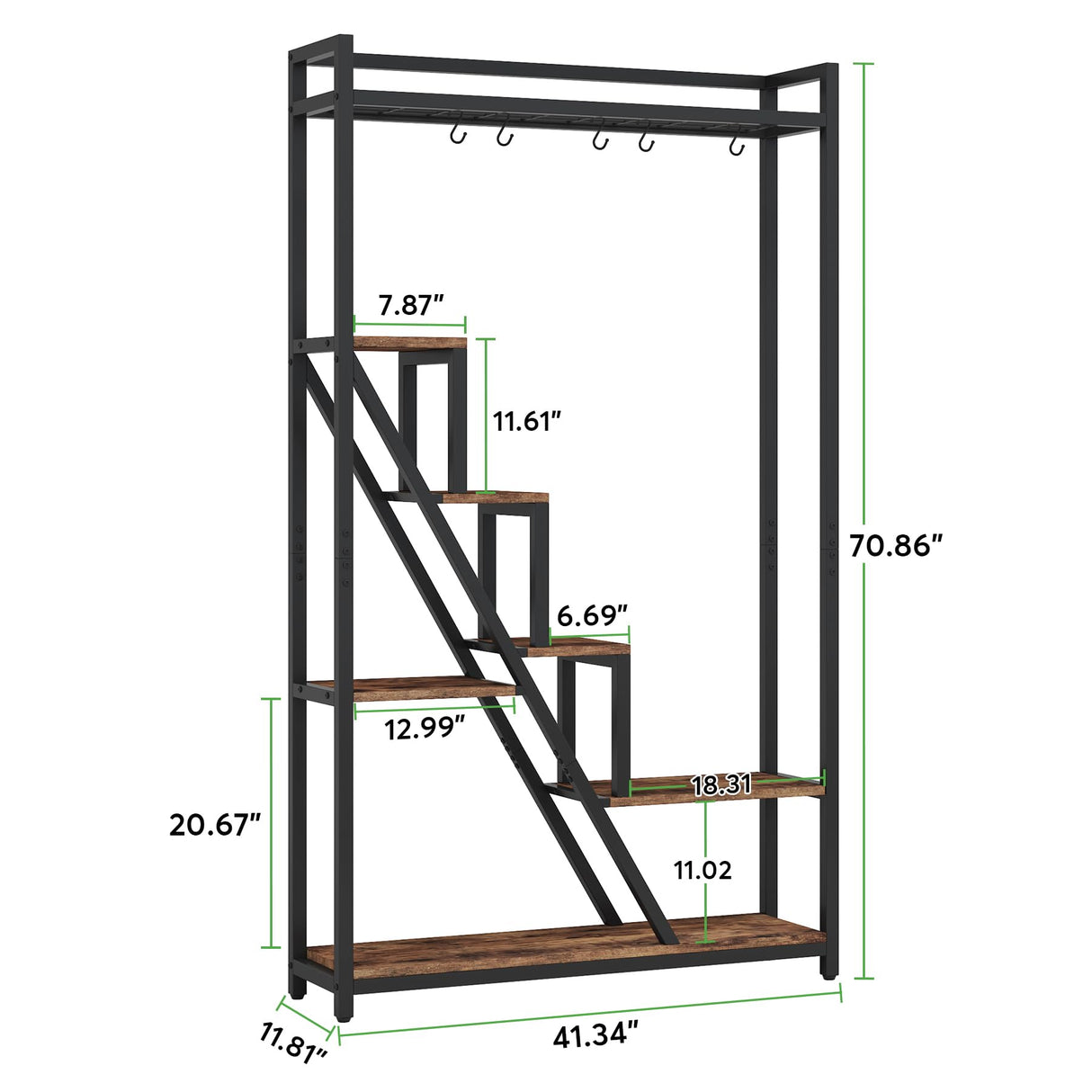 70.9" Tall Indoor Plant Stand, 7-Tier Large Plant Shelf with 5 S-Hooks