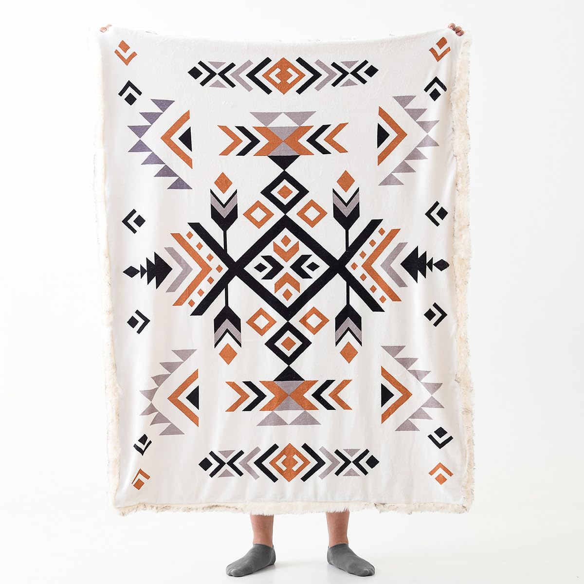 Luxury Plush Faux Fur Throw Blanket with Aztec Pattern, Super Warm, Fuzzy