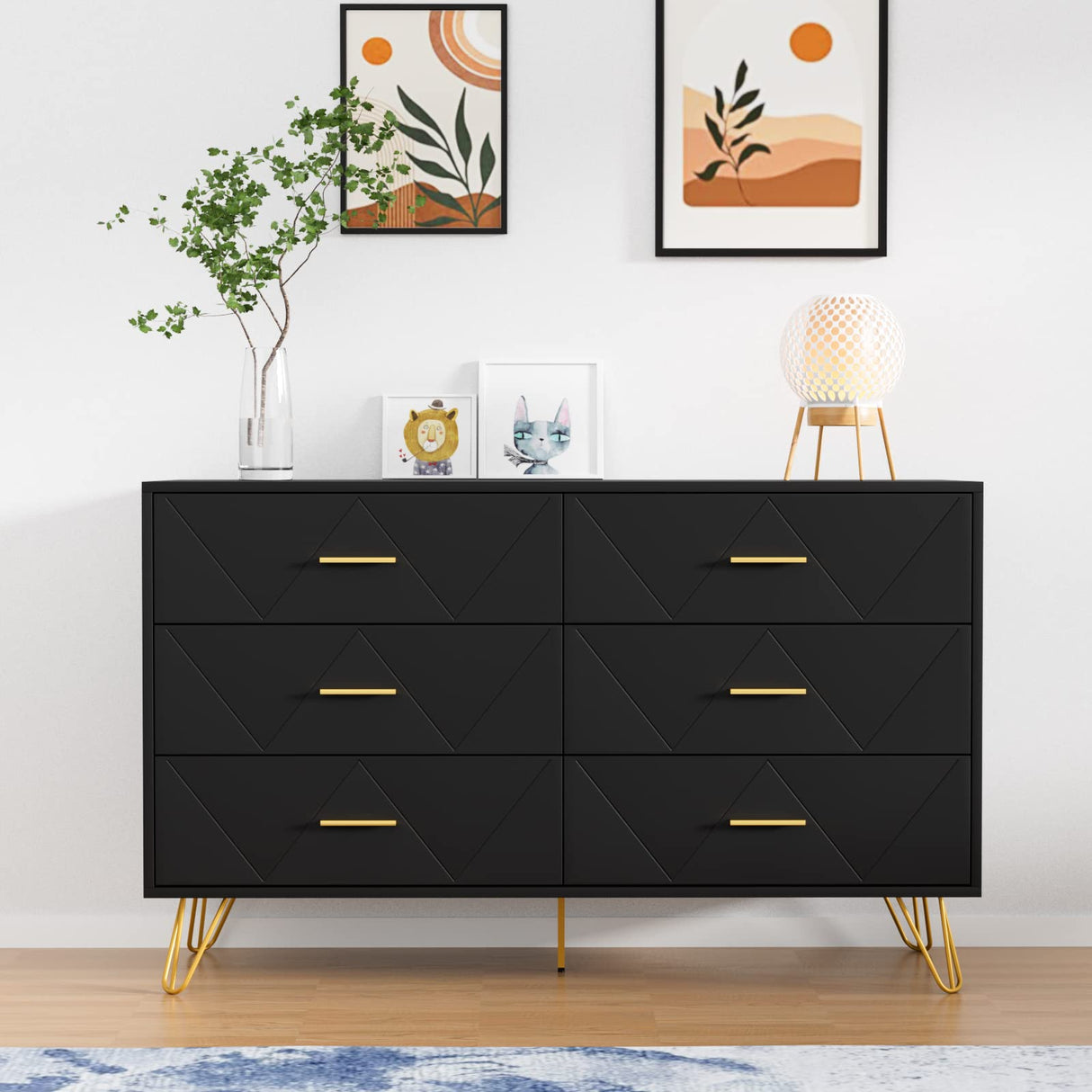 Black Dresser for Bedroom, Modern Dresser for Bedroom, 6 Drawer Double Dresser