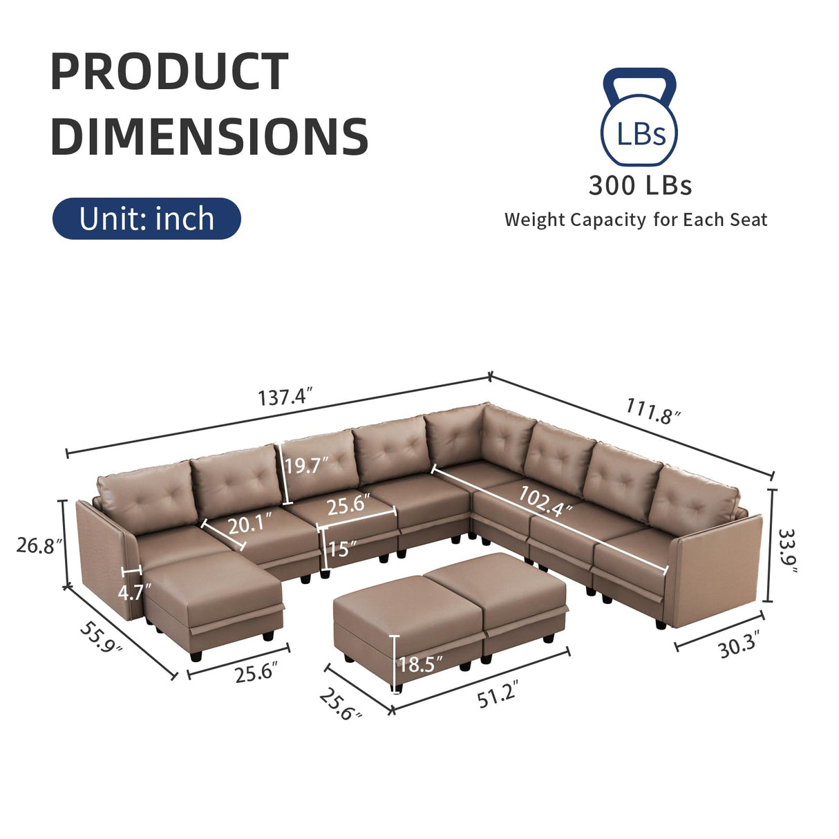 Sofa with Storage Large Faux Leather Fabric Waterproof 11 Seater Sectional Couch