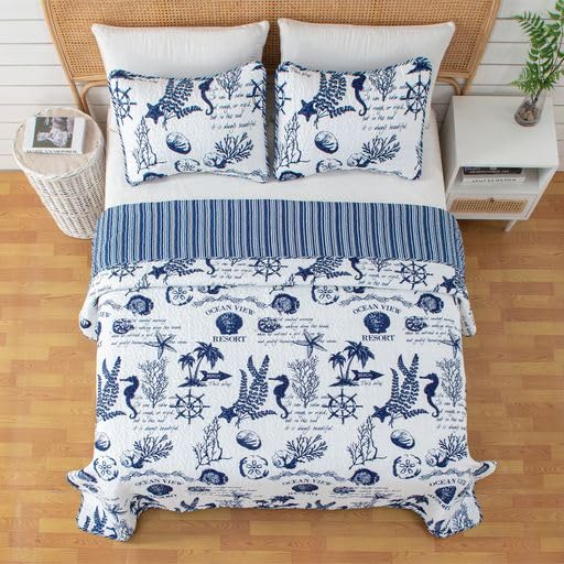 Full / Queen Coastal Quilt Bedding Set, Summer Coastal Quilt with Shams