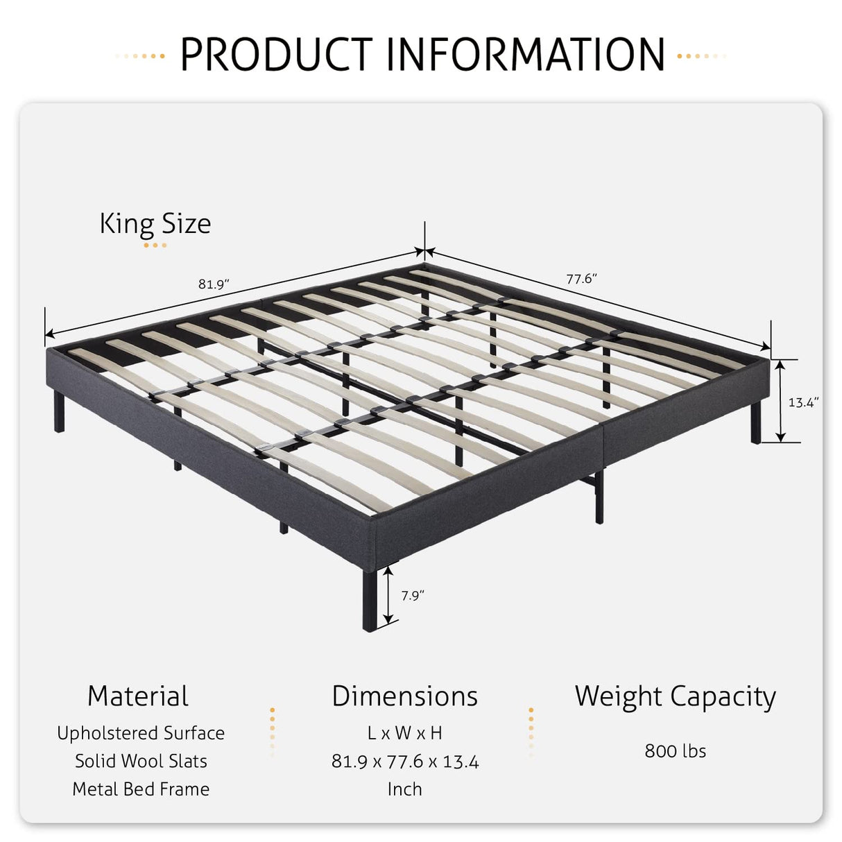 King Size Upholstered Platform Bed Frame with Wooden Slats Support