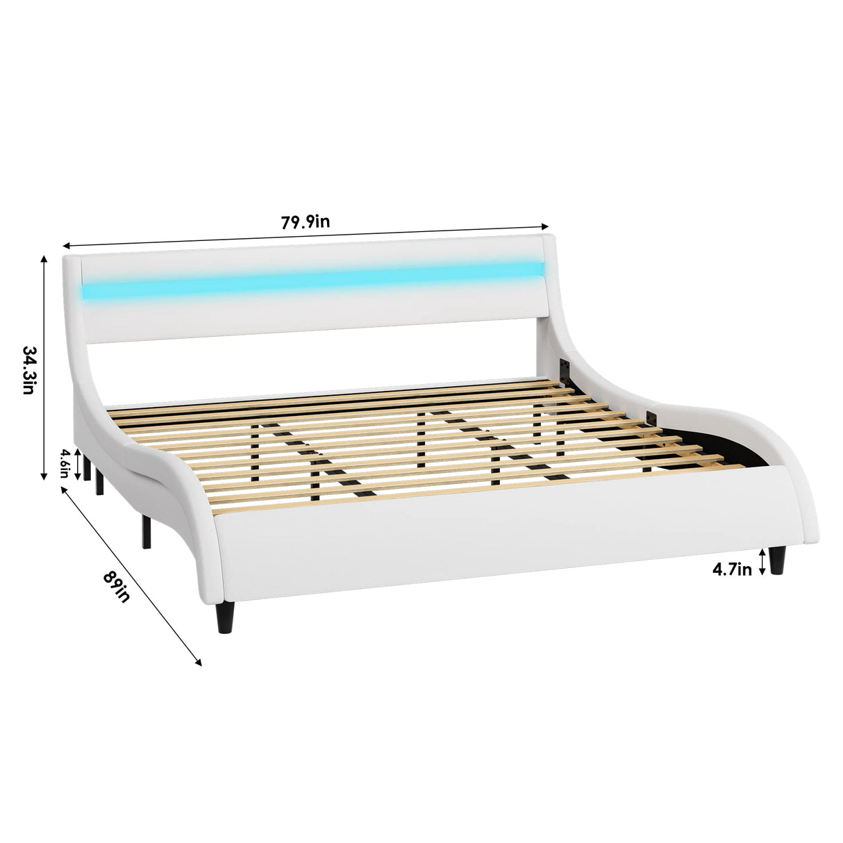 Modern Upholstered Platform Bed Frame with LED Lights and Curved Headboard, Faux Leather