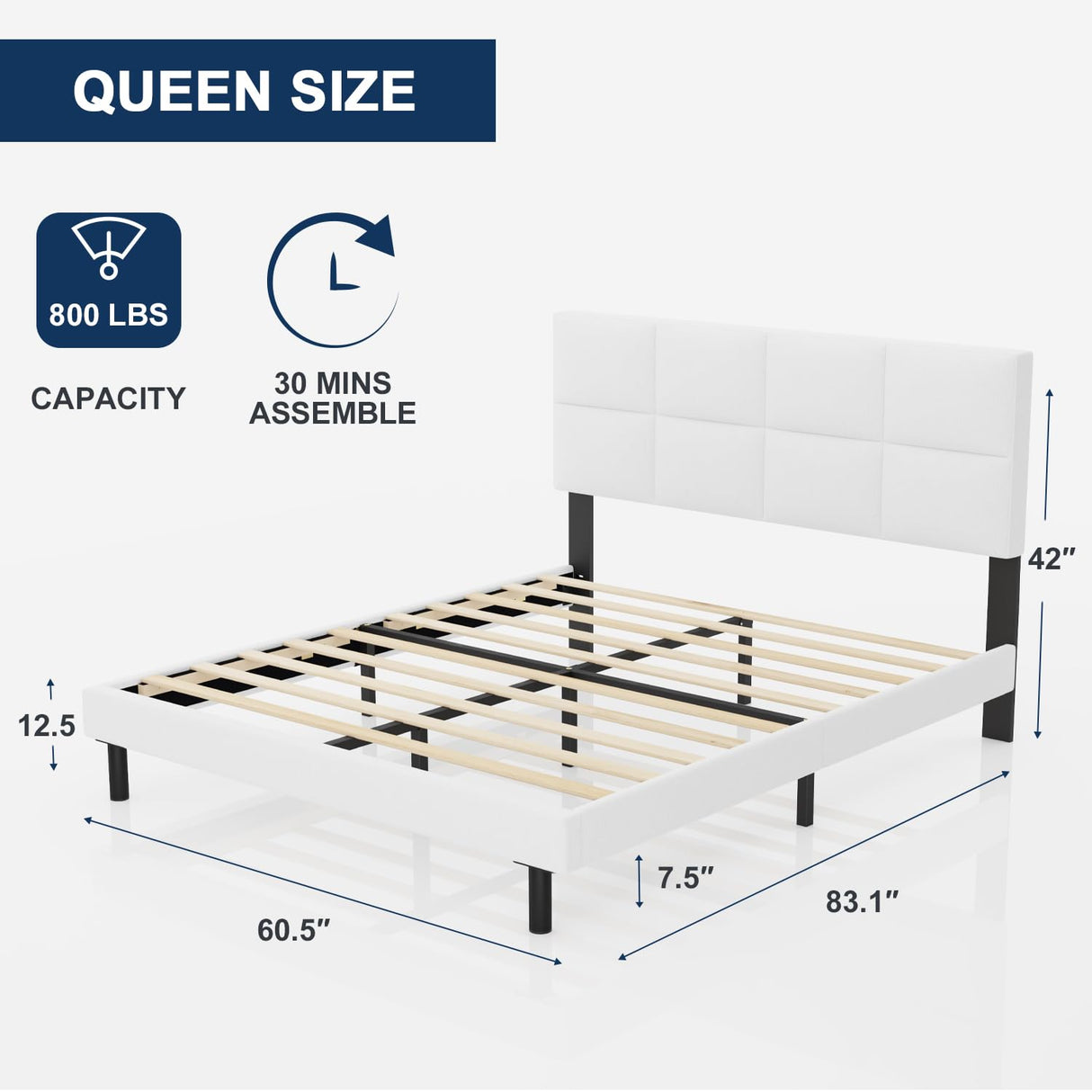 Queen Size Bed Frame with Upholstered Headboard