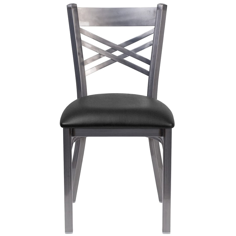 2 Pack HERCULES Series Clear Coated ''X'' Back Metal Restaurant Chair - Black Vinyl Seat