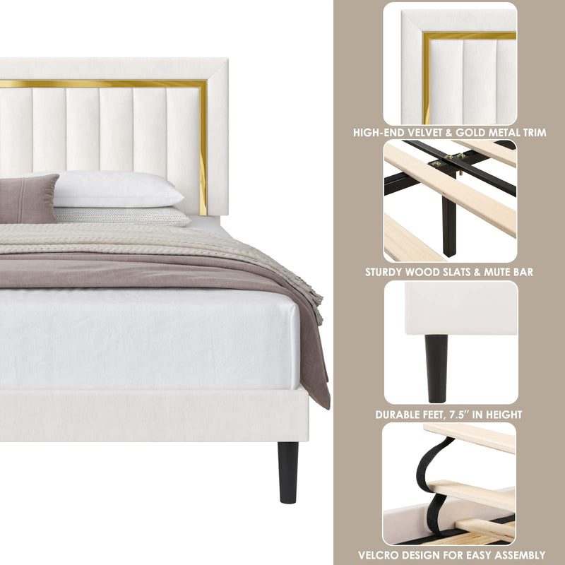  King Size Bed Frame with Adjustable Tufted Headboard, Velvet Upholstered Platform Bed