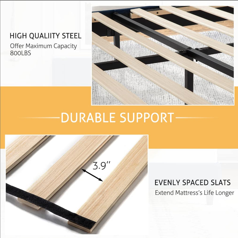 Full Bed Frame/Velvet Upholstered Platform Bed Frame with Headboard/Strong Wood Slats Support