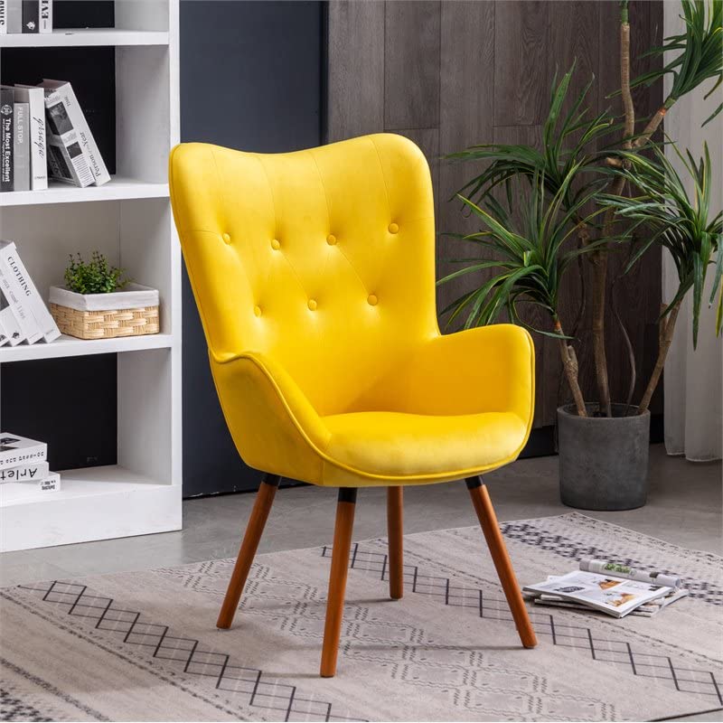 AC155YL Doarnin Silky Velvet Tufted Button Accent Chair, Yellow 30D x 41.5W x 26.8H in