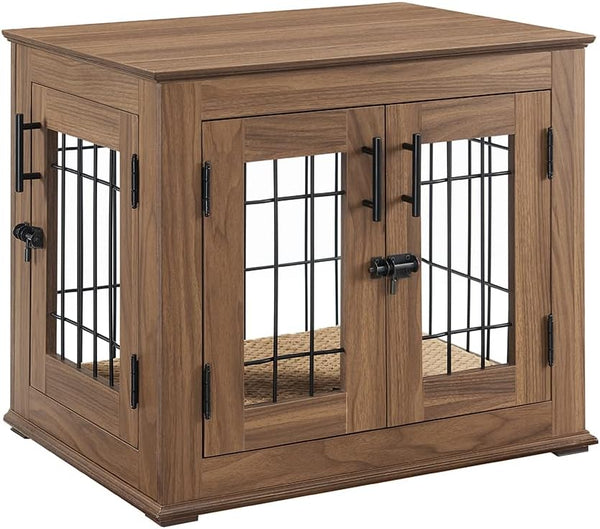 Furniture Style Dog Crate End Table, Wooden Wire Dog Kennel Double Doors with Pet Bed