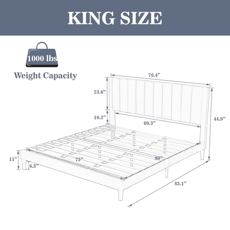 King Bed Frame/Velvet Upholstered Bed Frame with Vertical Channel Tufted Headboard