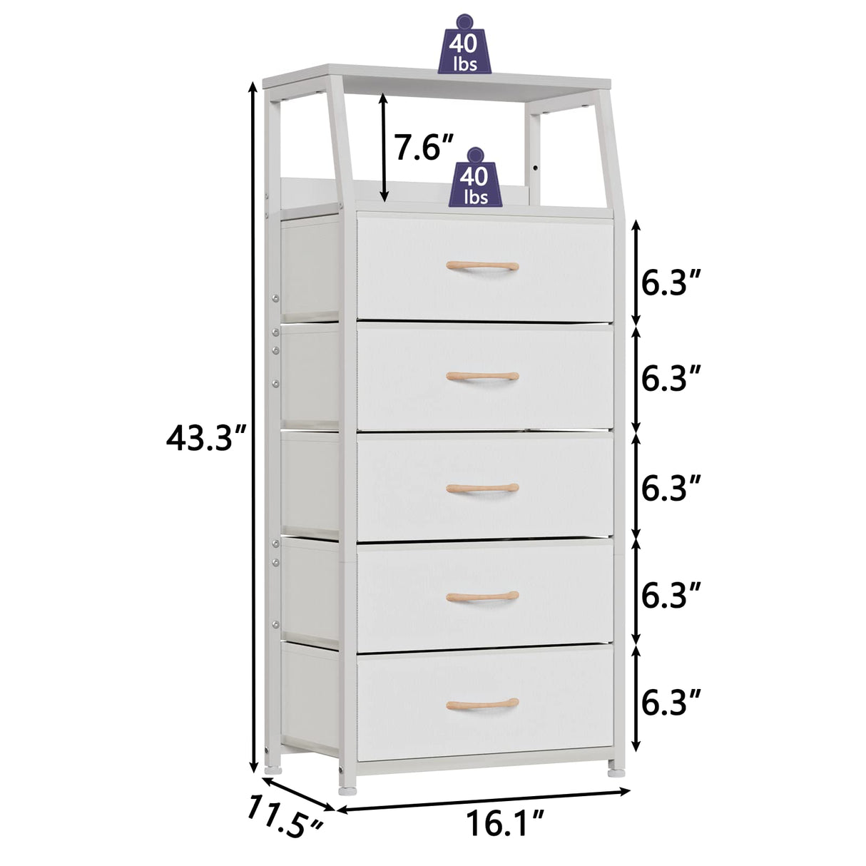 White Dresser with 5 Drawers, Vertical Storage Tower Fabric Dresser for Bedroom