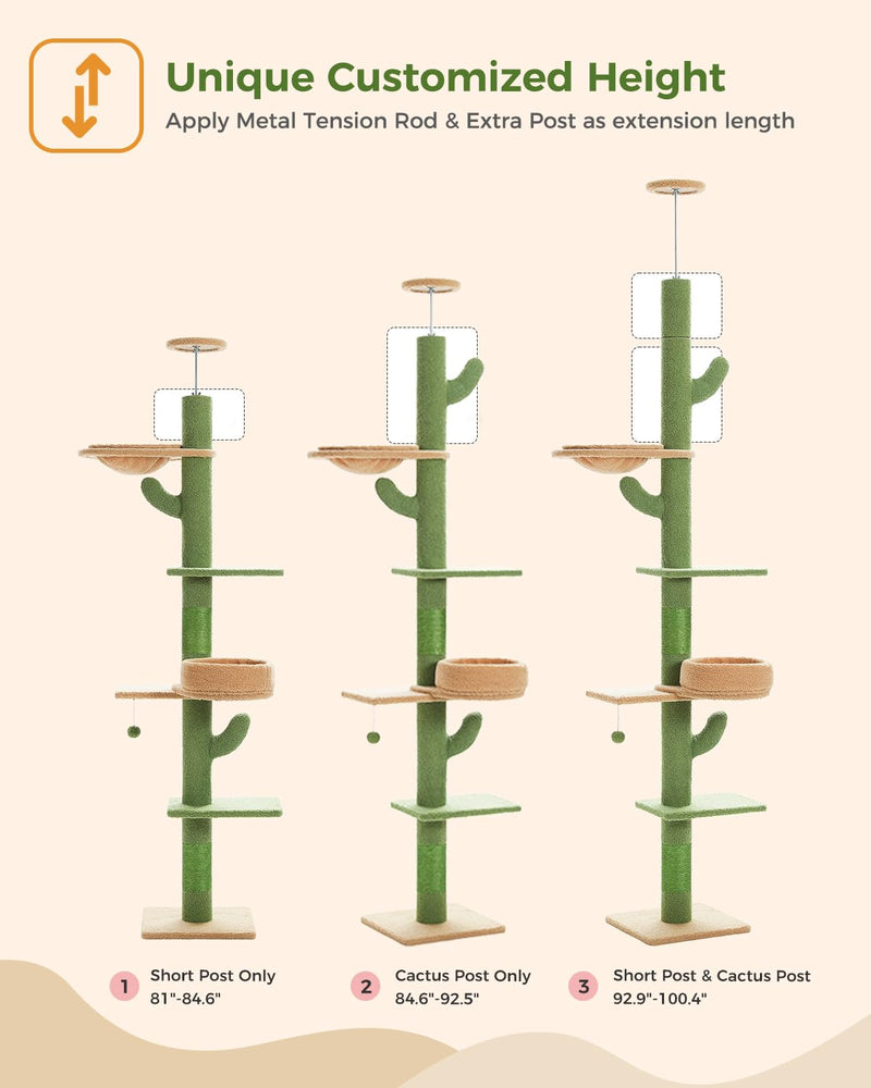 Floor to Ceiling Cat Tree [87"-100"] Height Adjustable, 5 Levels Cactus Cat Tower