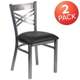 2 Pack HERCULES Series Clear Coated ''X'' Back Metal Restaurant Chair - Black Vinyl Seat