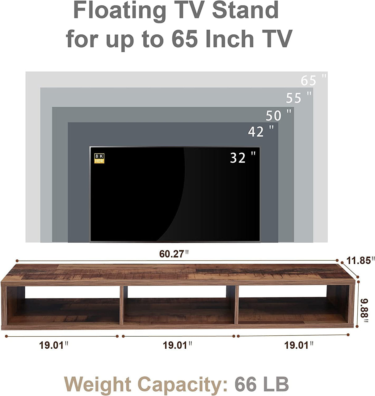 Floating TV Stand for 65 Inch TV Wood Floating Entertainment Center Wall