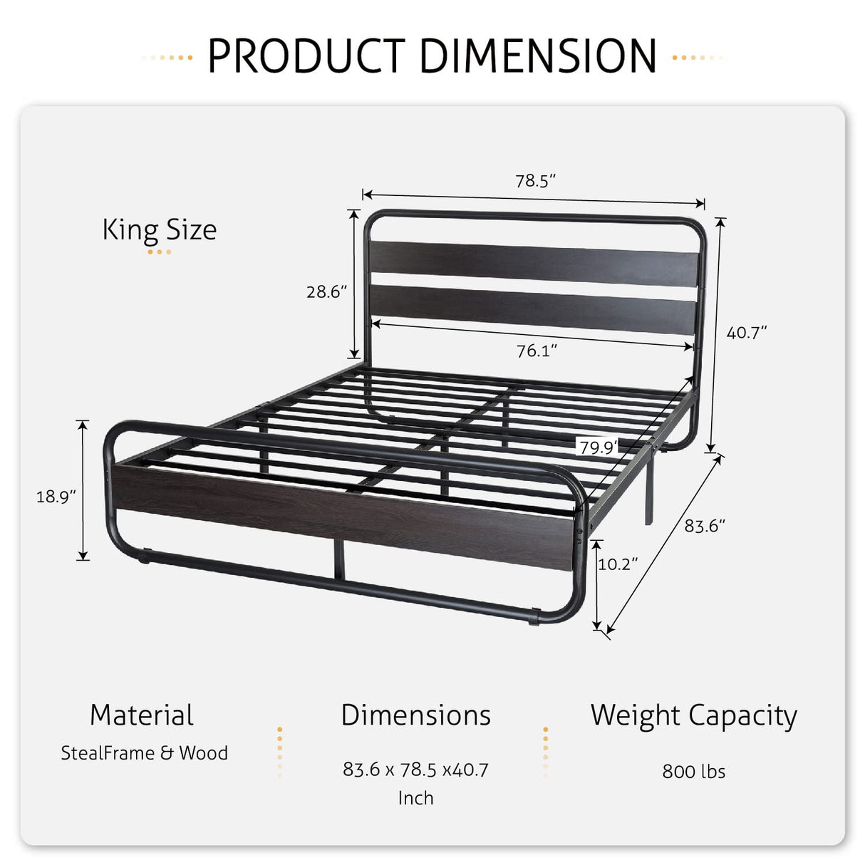 King Size Metal Bed Frame with Wooden Headboard and Footboard, Heavy Duty Platform