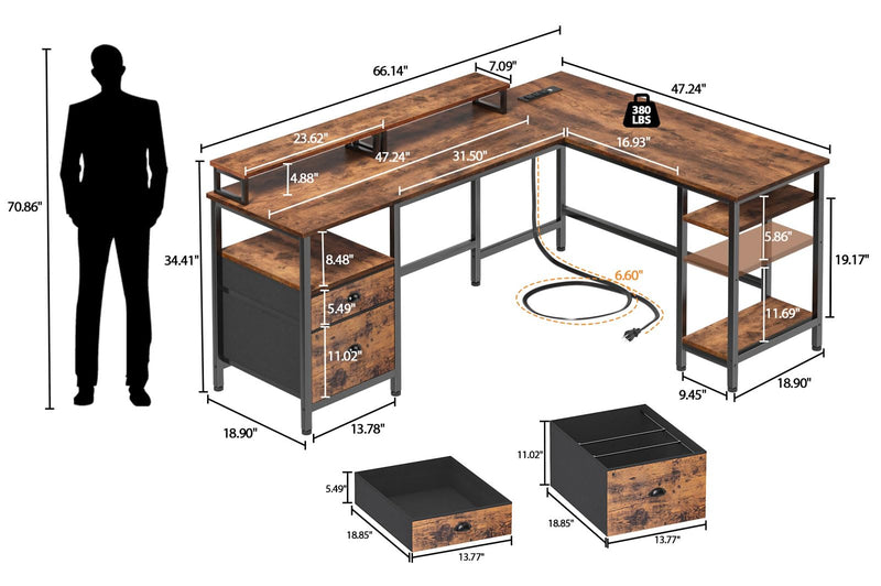 66” L Shaped Desk with Power Outlet, Reversible Computer Desk with File Drawer
