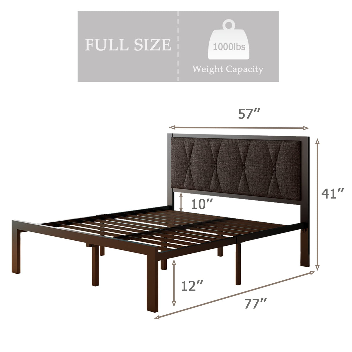 Full Size Metal Platform Bed Frame with Upholstered Headboard, Upgraded Heavy Duty Bed Frame