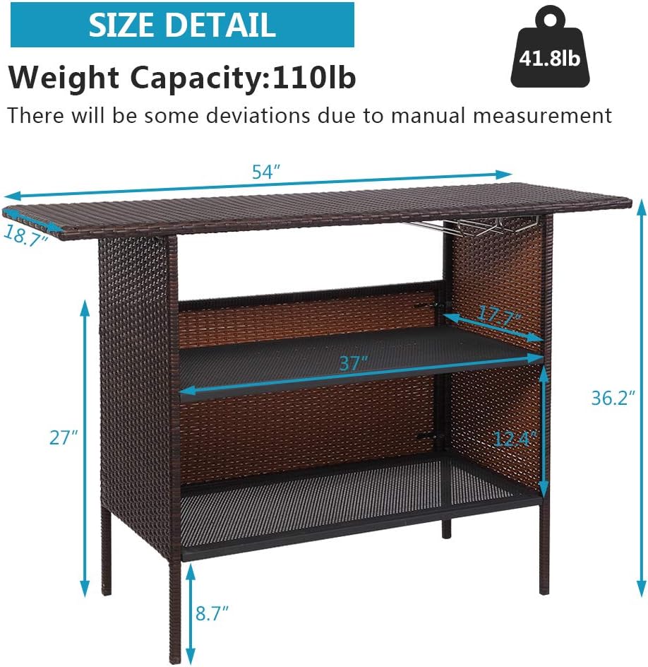 Wicker Outdoor Bar Table with 2 Steel Shelves, 2 Sets of Rails