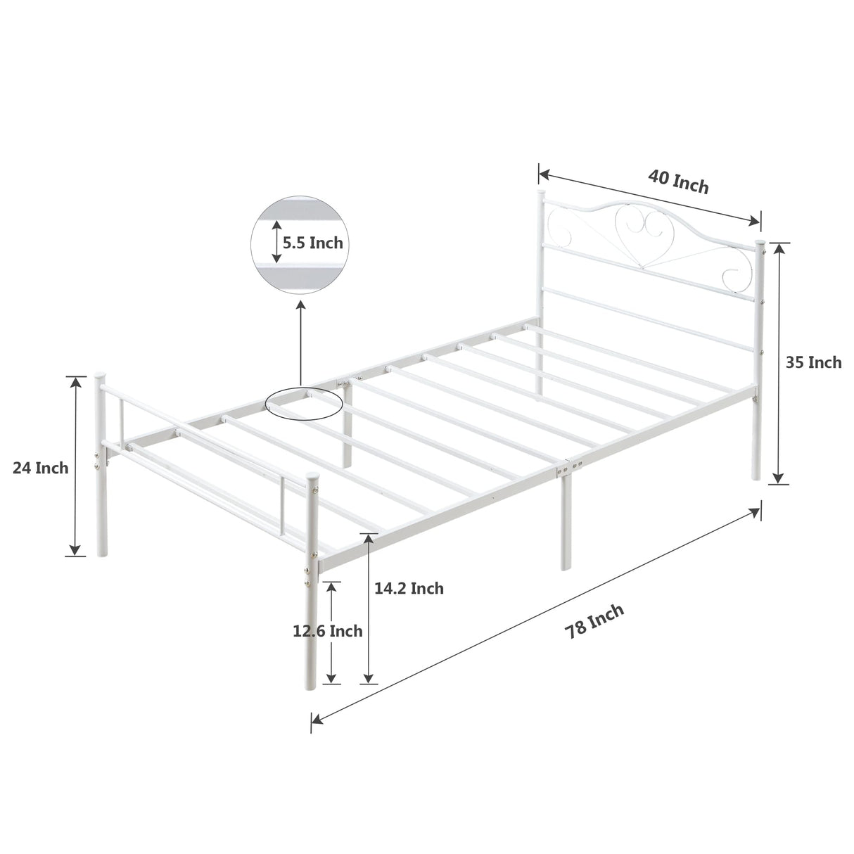 14 Inch Twin Size Metal Platform Bed Frame with Headboard and Footboard