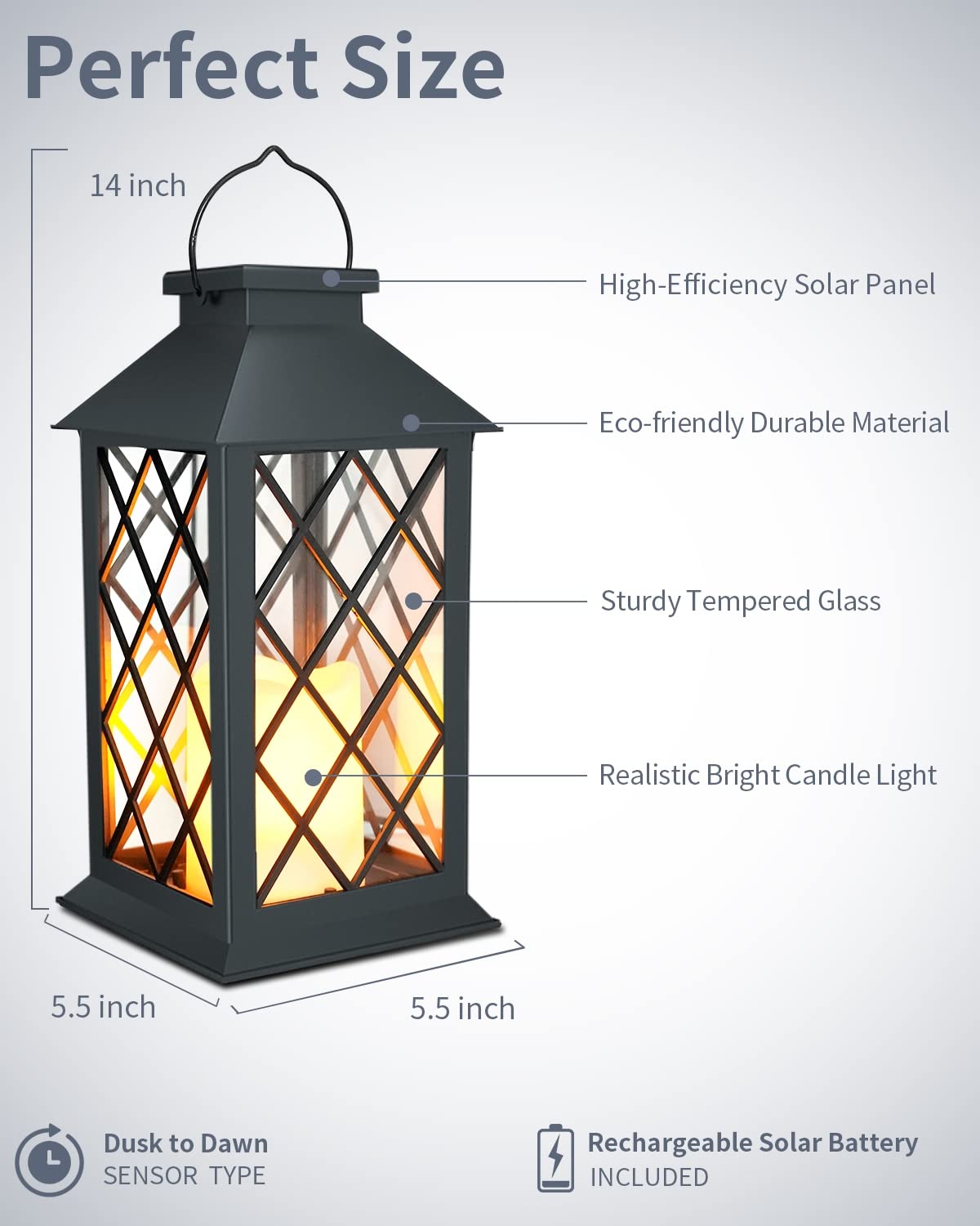 Solar Lanterns Outdoor Waterproof, 14 Inch Outdoor Lanterns with LED Flickering Flameless Candles