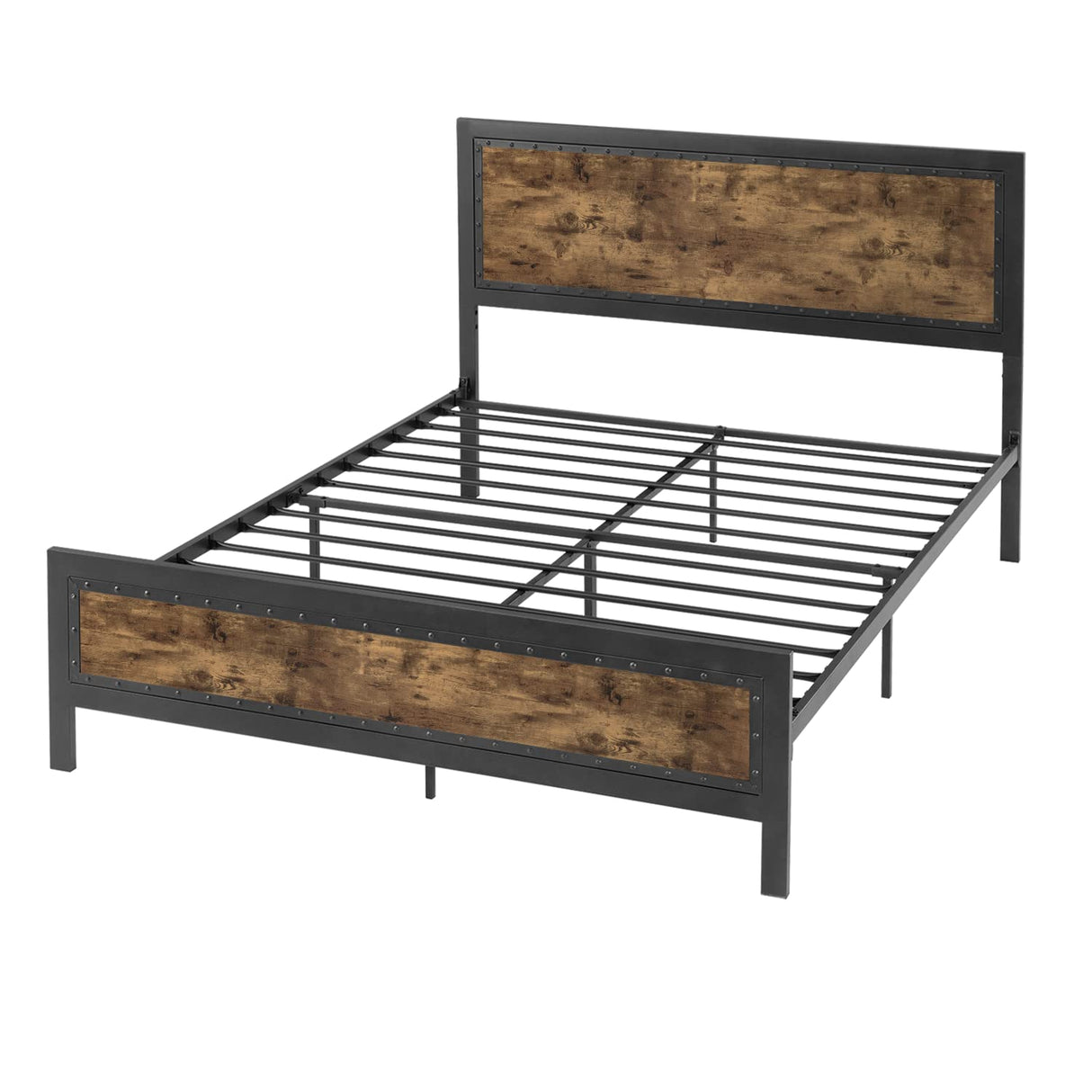 Grey Metal Bed Frame Queen/Industrial Wooden Platform Bed with Rivet Headboard