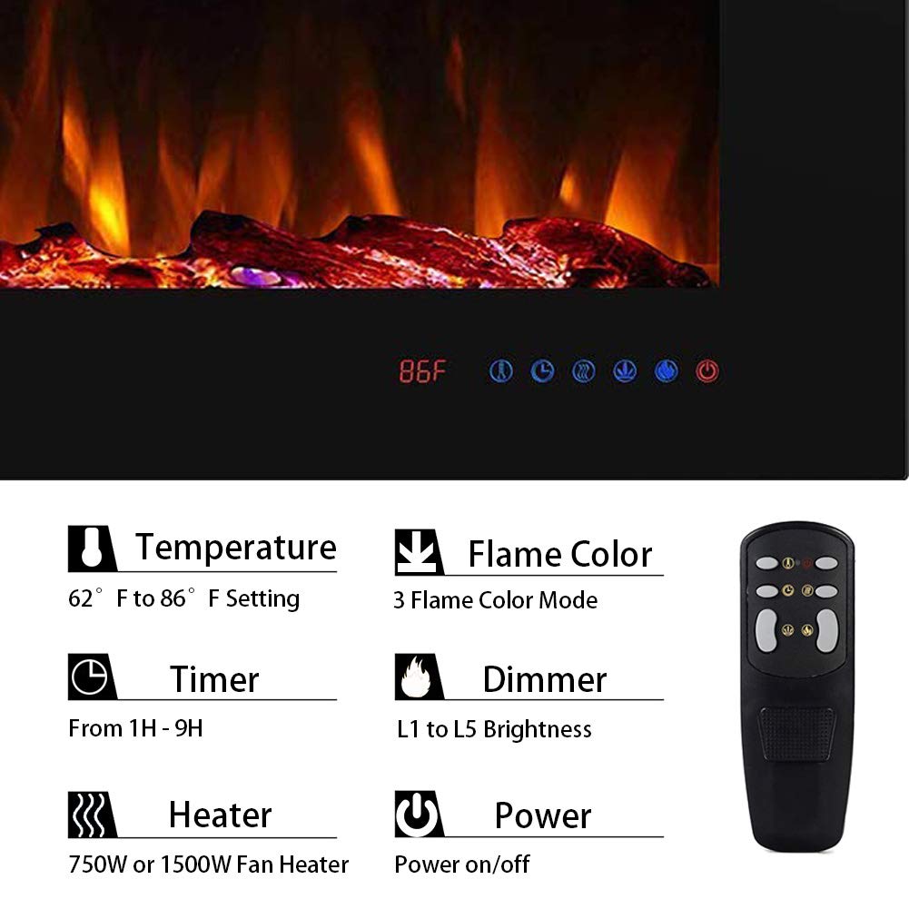 60" Recessed Electric Fireplace Insert, 5 Flame Settings, Log Set or Crystal Options
