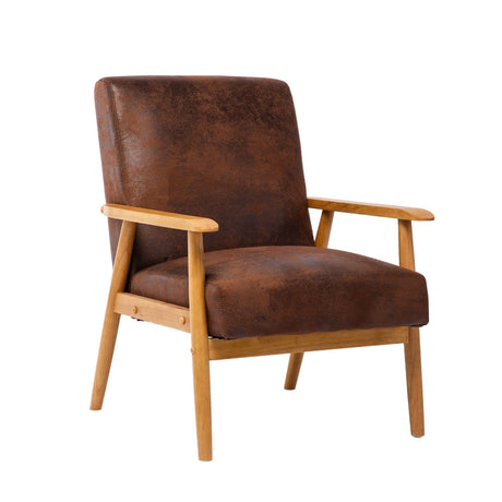 Retro Accent Chair Wood Frame Arm Chair Faux Leather Modern Lounge Chair