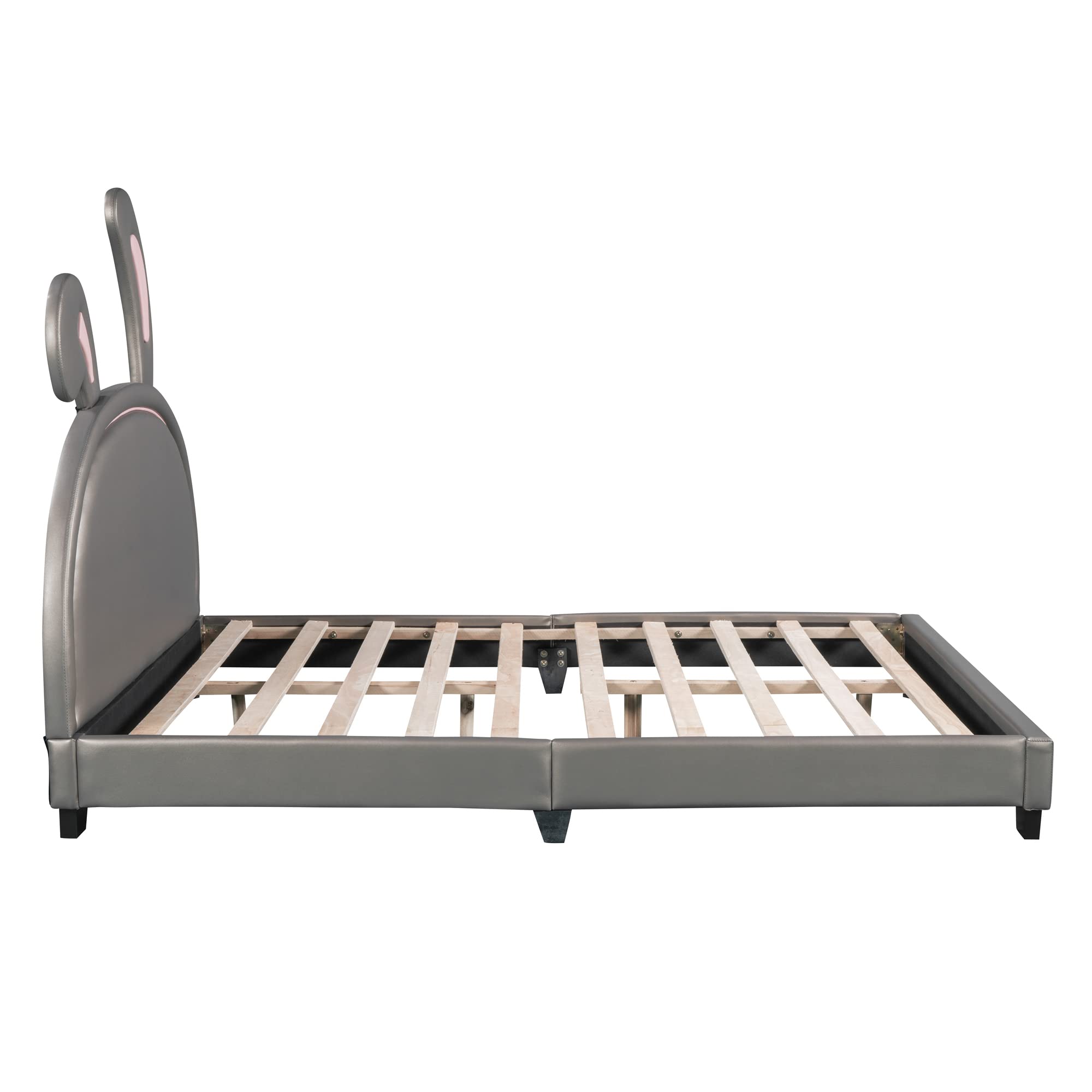 Full Size Upholstered Leather Platform Bed with Bunny Ears Headboard